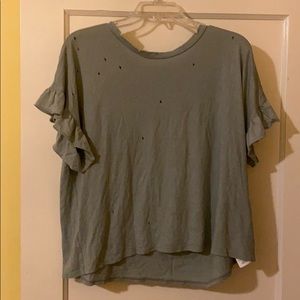 distressed crop top with peplum sleeves